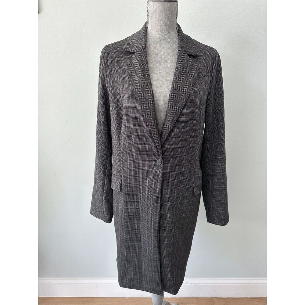 Adrianna Papell Grey Plaid Longline Blazer Jacket Large Grey Checked Ponte Coat